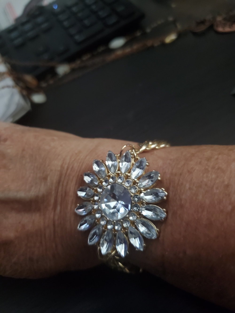 Gold Bracelet with Clear Crystal Sunburst Charm - Unbranded